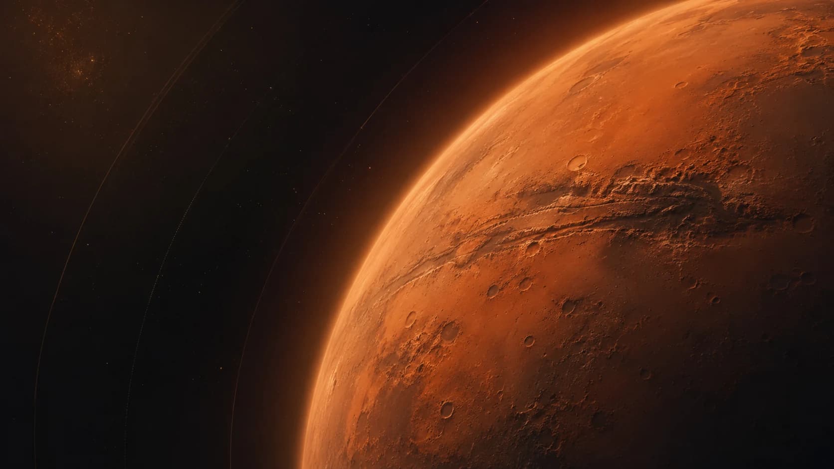 原创生成的火星视觉，红褐色尘土与暗色峡谷纹理