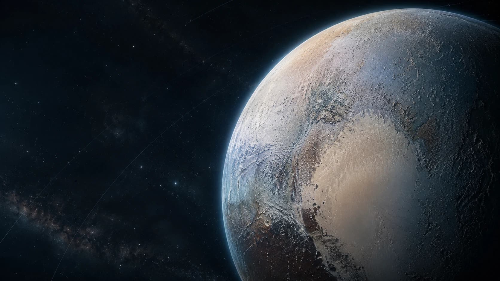 原创生成的冥王星视觉，浅褐色冰质表面和暗色斑块
